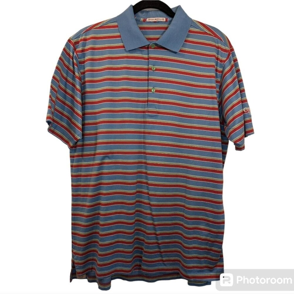 Peter Millar Polo Shirt Men L Blue Strip Polo Cowboy Golf Short Sleeve